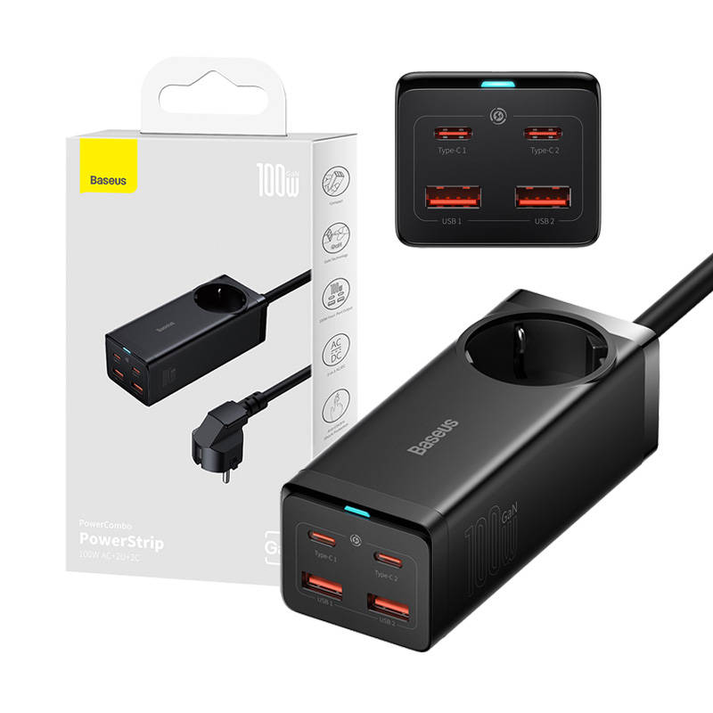 Baseus GaN3 Pro Töltő / elosztó, 2xUSB + 2xUSB-C + AC, 100W (fekete)-0