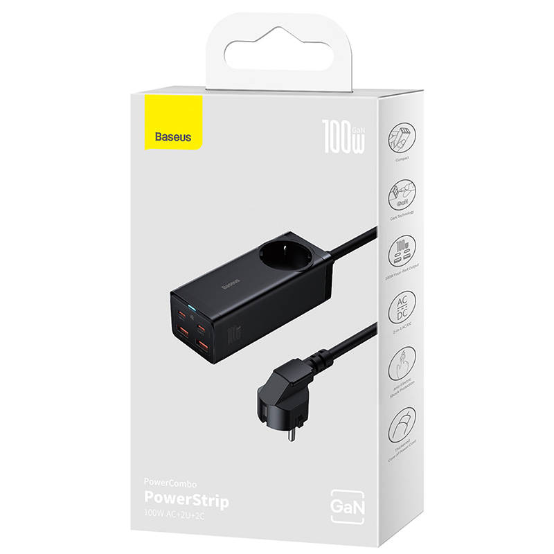 Baseus GaN3 Pro Töltő / elosztó, 2xUSB + 2xUSB-C + AC, 100W (fekete)-1