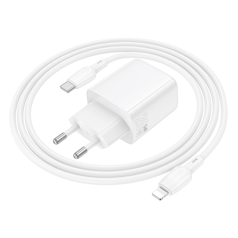 Borofone hálózati töltő BN27 Fuente - USB + Type-C - QC 3.0 PD 20W, Type-C Lightning kábellel fehér-5