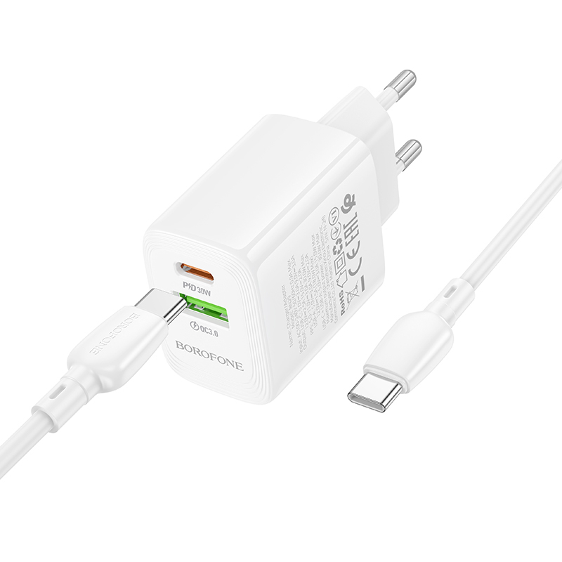 Borofone fali töltő BN29 Fuente - USB + Type C - QC 3.0 PD 30W Type C - Type C kábellel fehér GaN-3