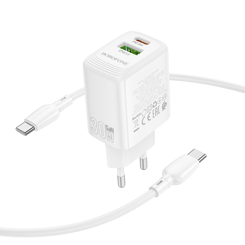 Borofone fali töltő BN29 Fuente - USB + Type C - QC 3.0 PD 30W Type C - Type C kábellel fehér GaN-4