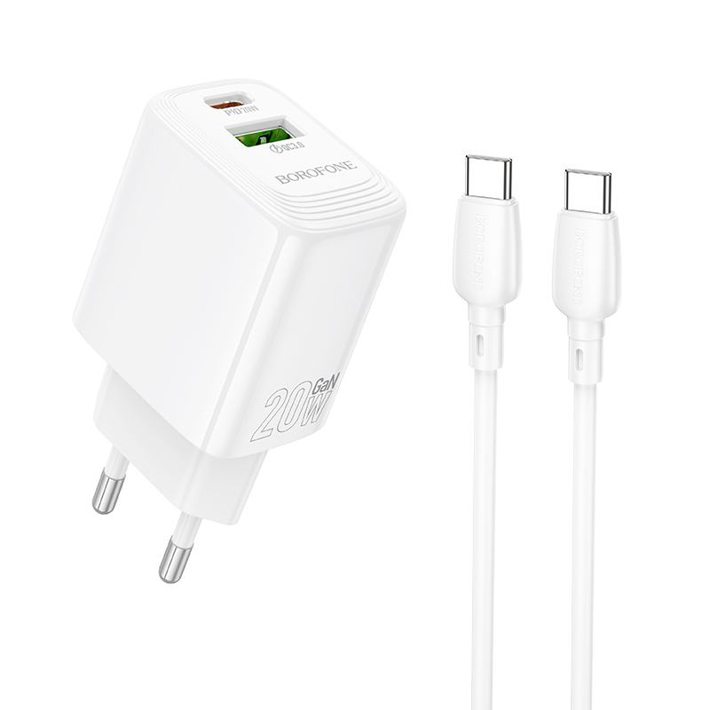 Borofone Fali töltő BN27 Fuente - USB + Type C - QC 3.0 PD 20W Type C to Type C kábellel fehér-0