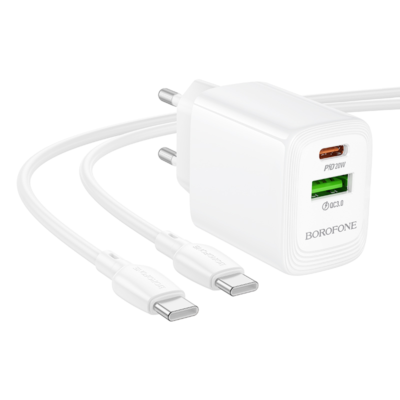 Borofone Fali töltő BN27 Fuente - USB + Type C - QC 3.0 PD 20W Type C to Type C kábellel fehér-3
