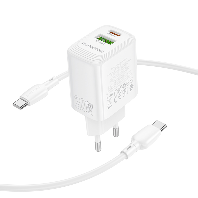 Borofone Fali töltő BN27 Fuente - USB + Type C - QC 3.0 PD 20W Type C to Type C kábellel fehér-4