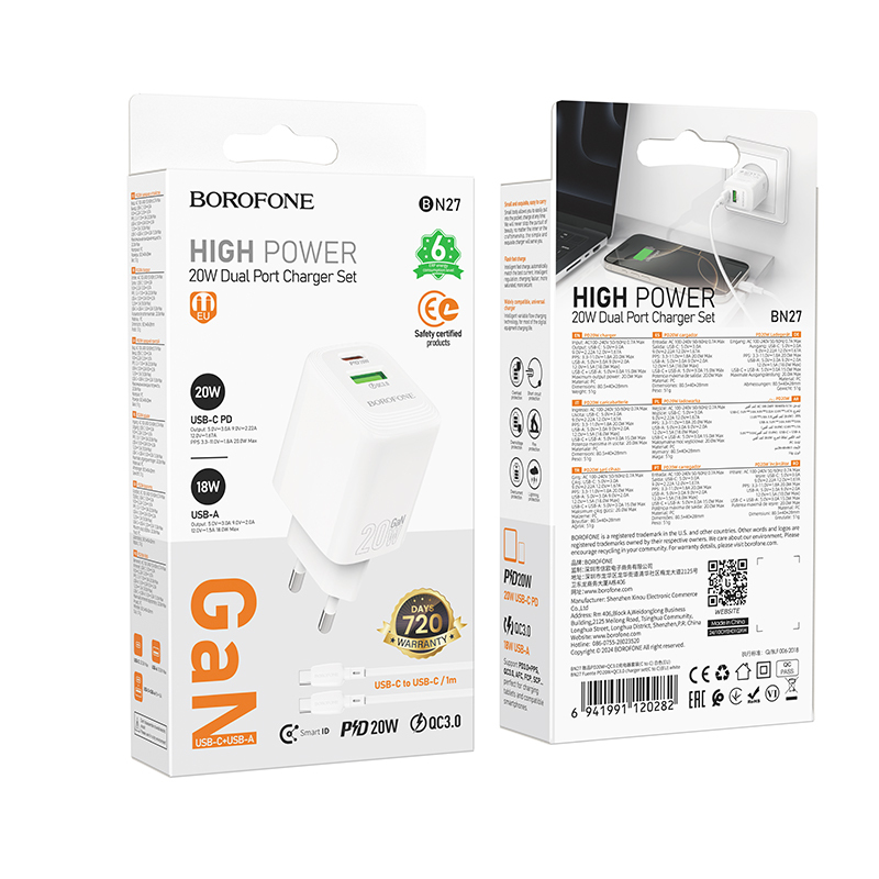 Borofone Fali töltő BN27 Fuente - USB + Type C - QC 3.0 PD 20W Type C to Type C kábellel fehér-8