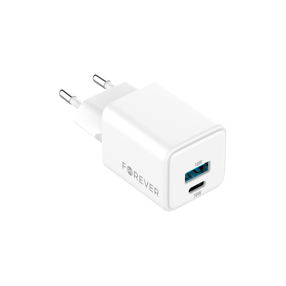 Forever hálózati töltő TC-08-30AC GaN PD QC 1x USB-C 1x USB-A 30W fehér-0