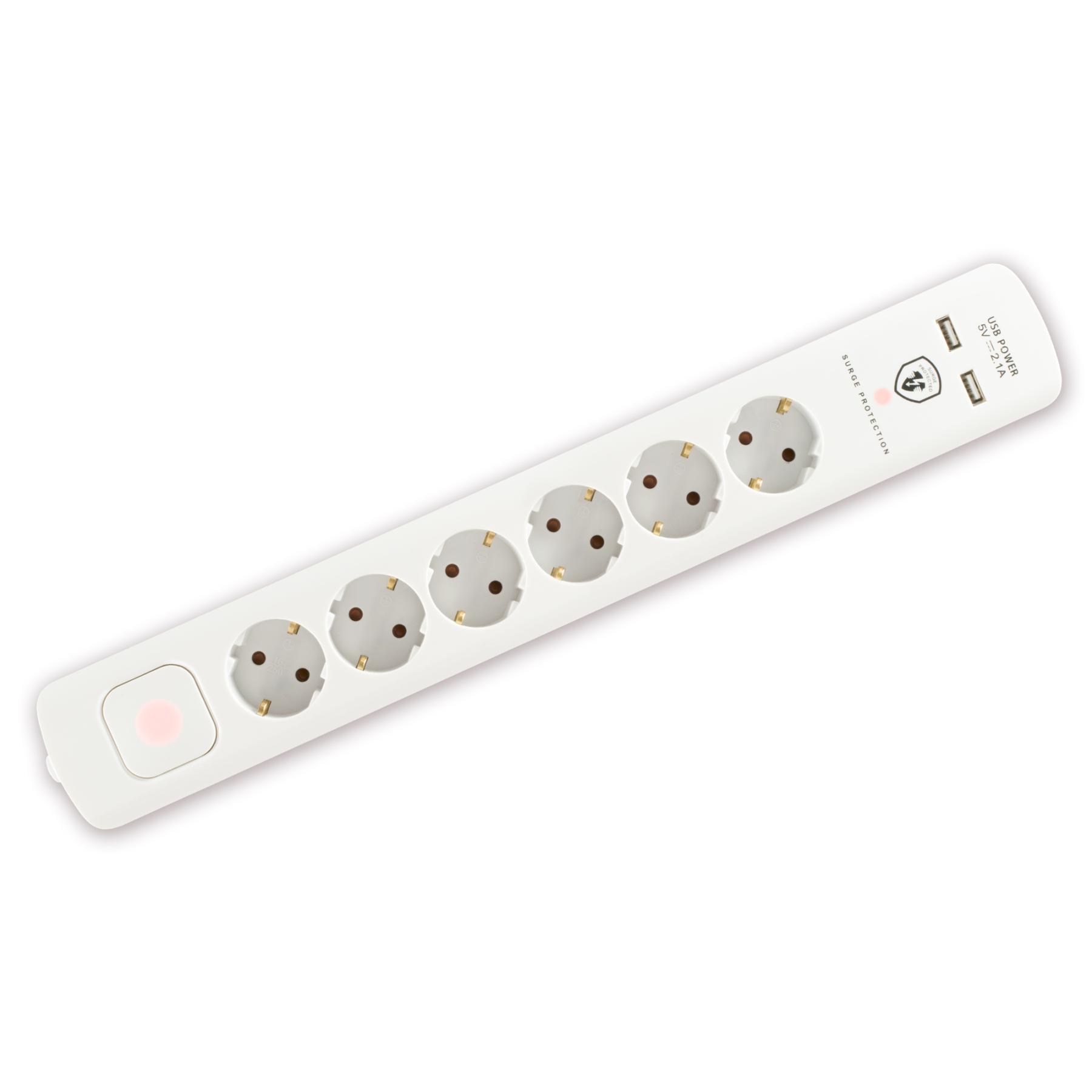 Home NVT 06K USB/WH túlfeszültség védett hálózati elosztó, 1,4 m, kapcsolós, H05VV-F 3G1,5 mm2 kábel, 6 aljzat, max. 3680W, falra akasztható, USB töltőaljzatok-0