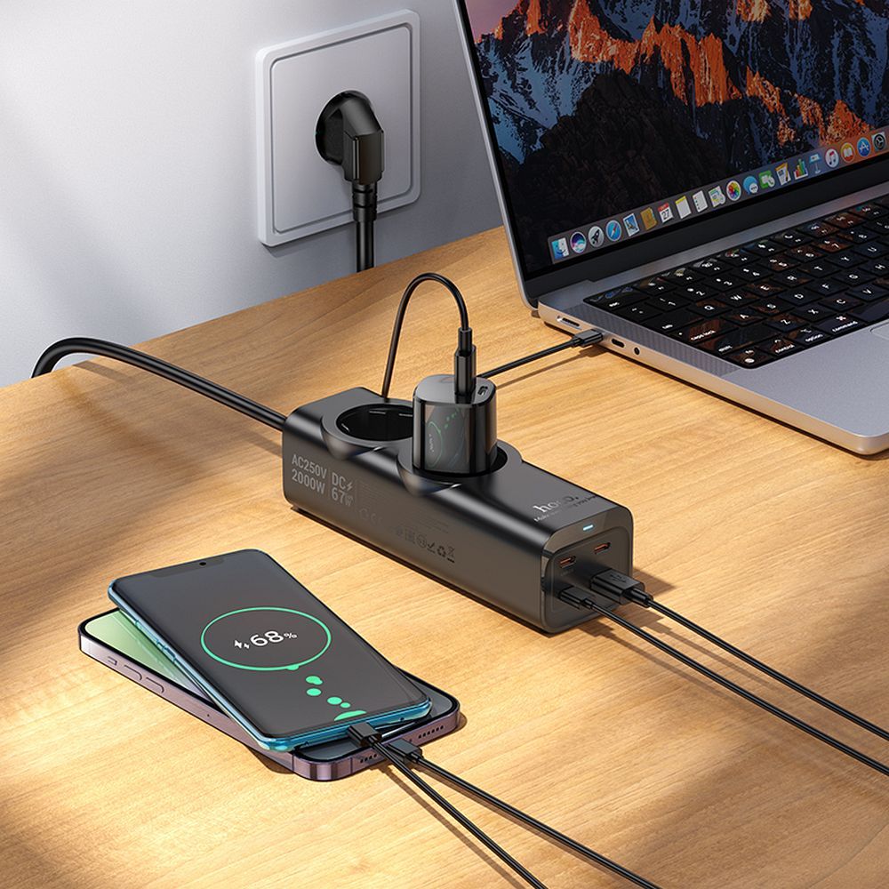 HOCO hálózati elosztó 2 aljzattal + USB A + 3 x Type C PD QC3.0 3A 67W NS10 2 m fekete-4