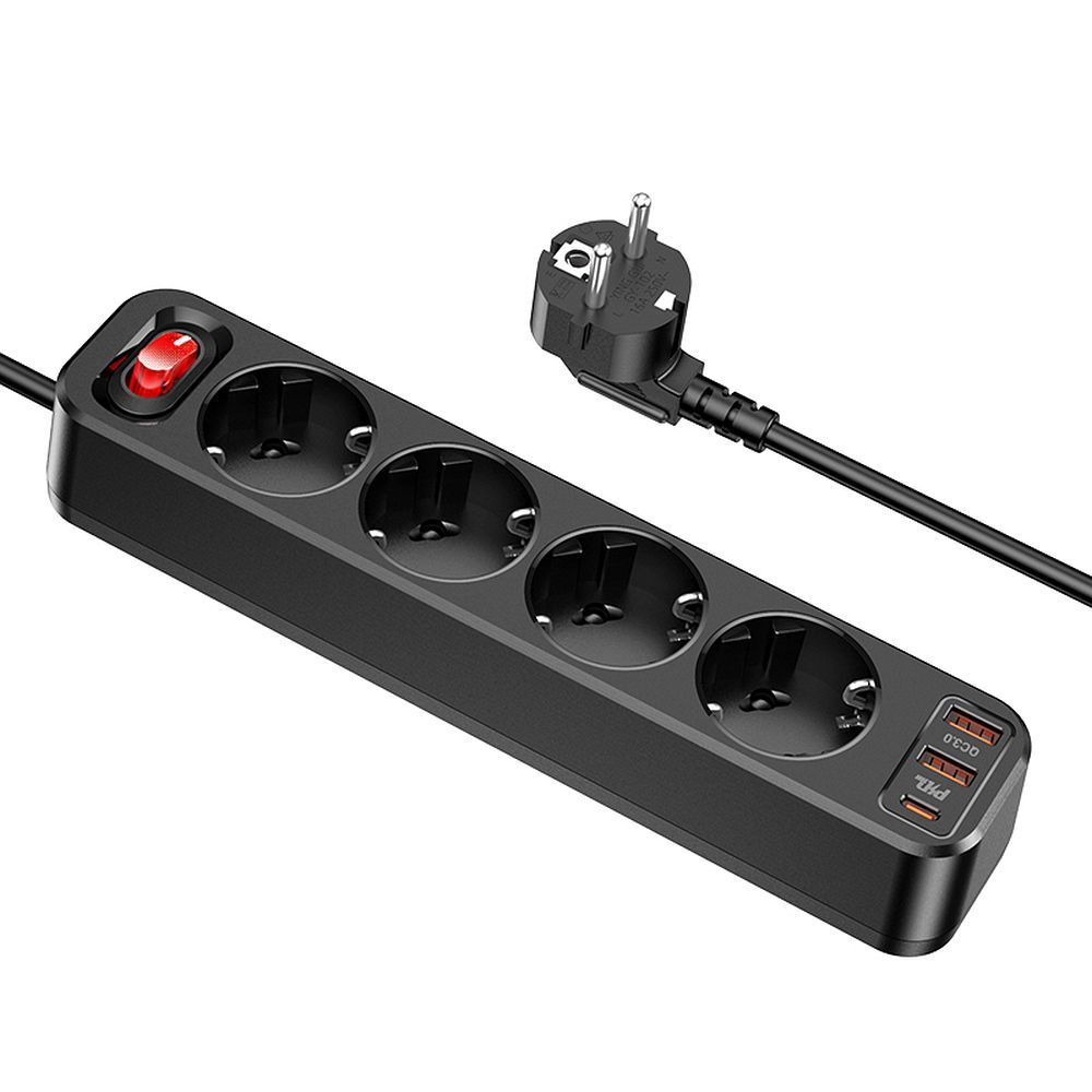 HOCO elosztó 1 aljzat + USB A + 3 x Type C PD QC3.0 3A 67W NS9 2 m fekete-0