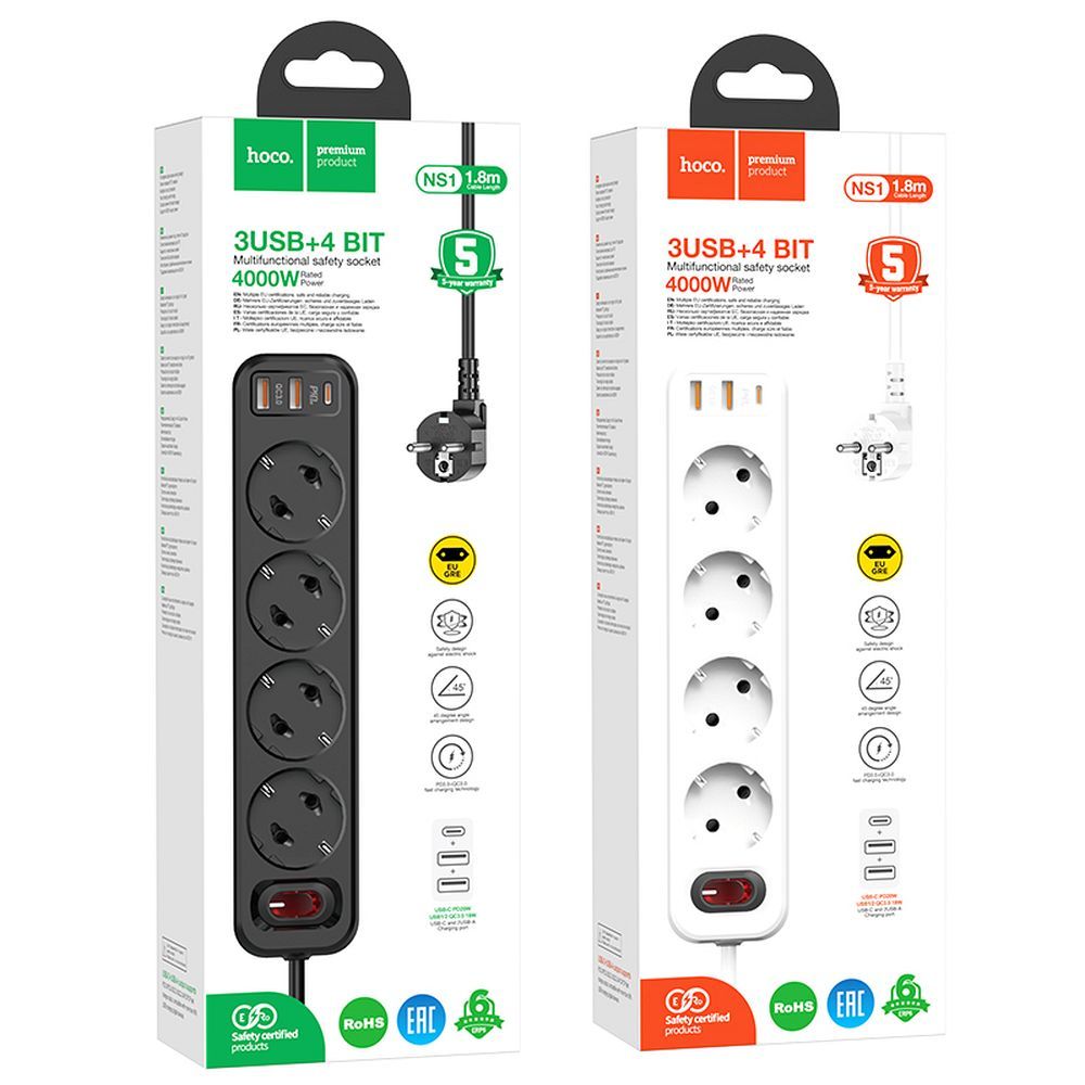 HOCO elosztó 1 aljzat + USB A + 3 x Type C PD QC3.0 3A 67W NS9 2 m fekete-4