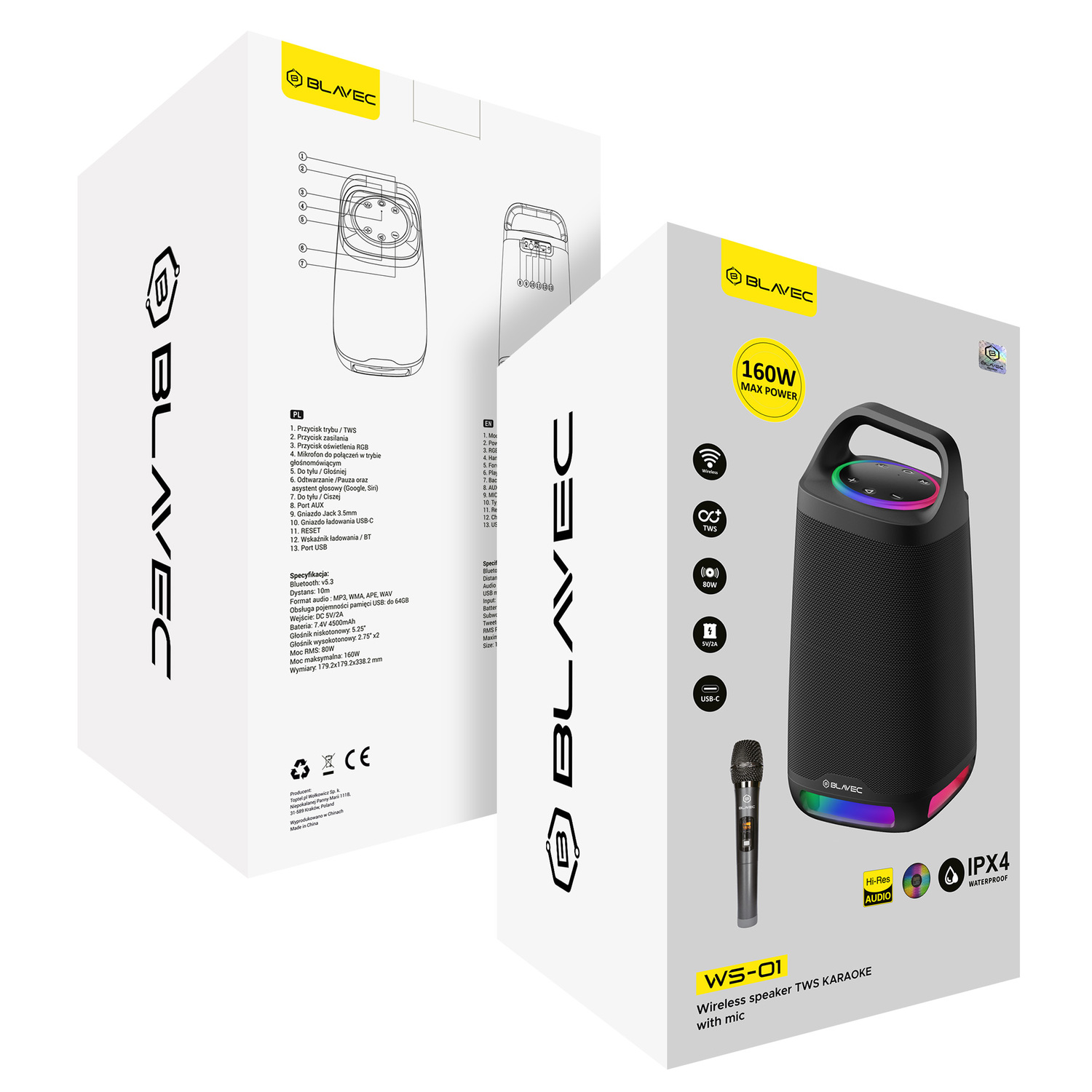 Blavec Hordozható Bluetooth Hangszóró TWS WS-01 Karaoke - 160W mikrofonnal (WS01-MB) fekete-8