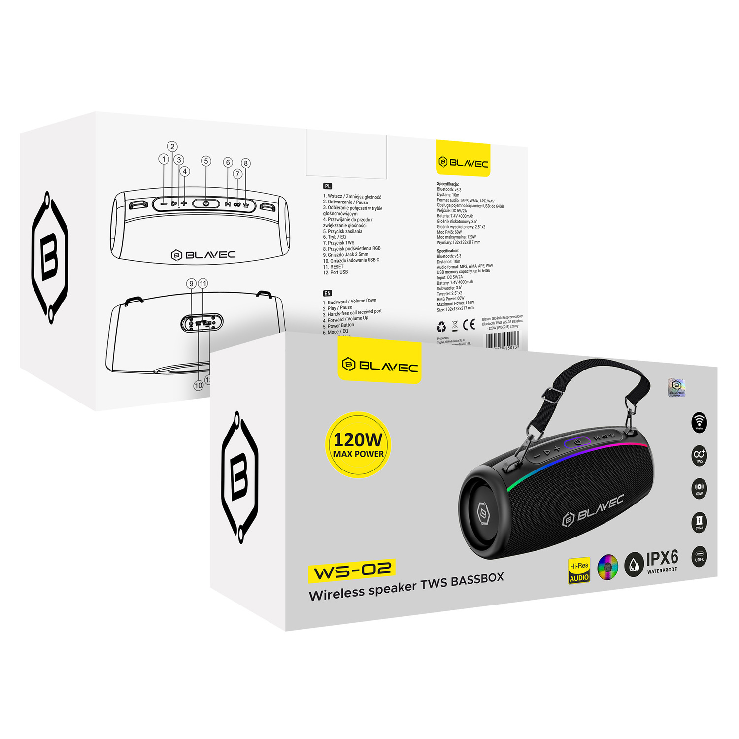 Blavec Hordozható Bluetooth Hangszóró TWS WS-02 Bassbox - 120W (WS02-B) fekete-6