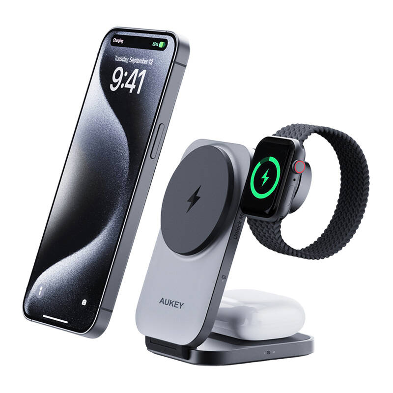 Mágneses vezeték nélküli töltő 3 az 1-ben MagFusion Aukey LC-MC312, 15W Qi2 (szürke) töltállomás-0