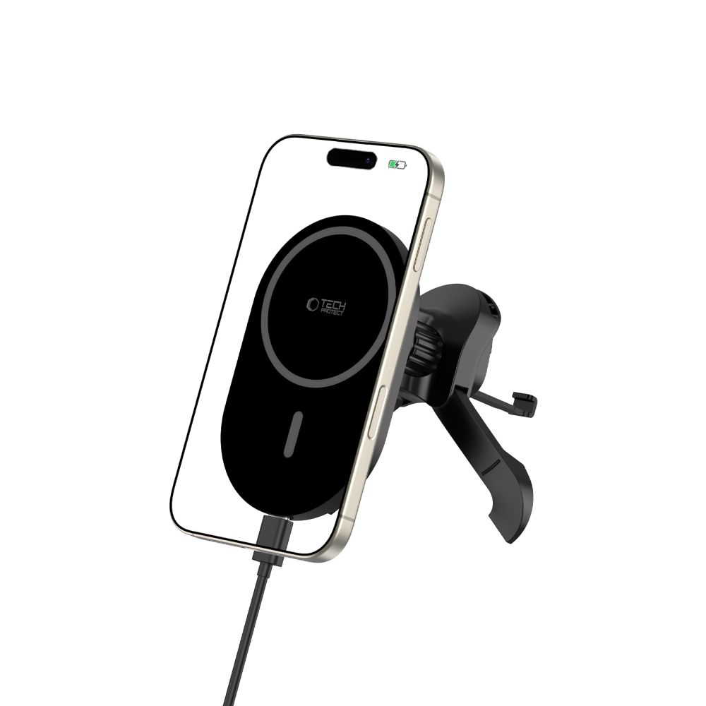 Tech-protect Mm15w-v6 Mágneses Magsafe Stabil Szellőzőrácsos Autós Tartó Vezeték Nélküli Töltő 15W Fekete/fekete-1