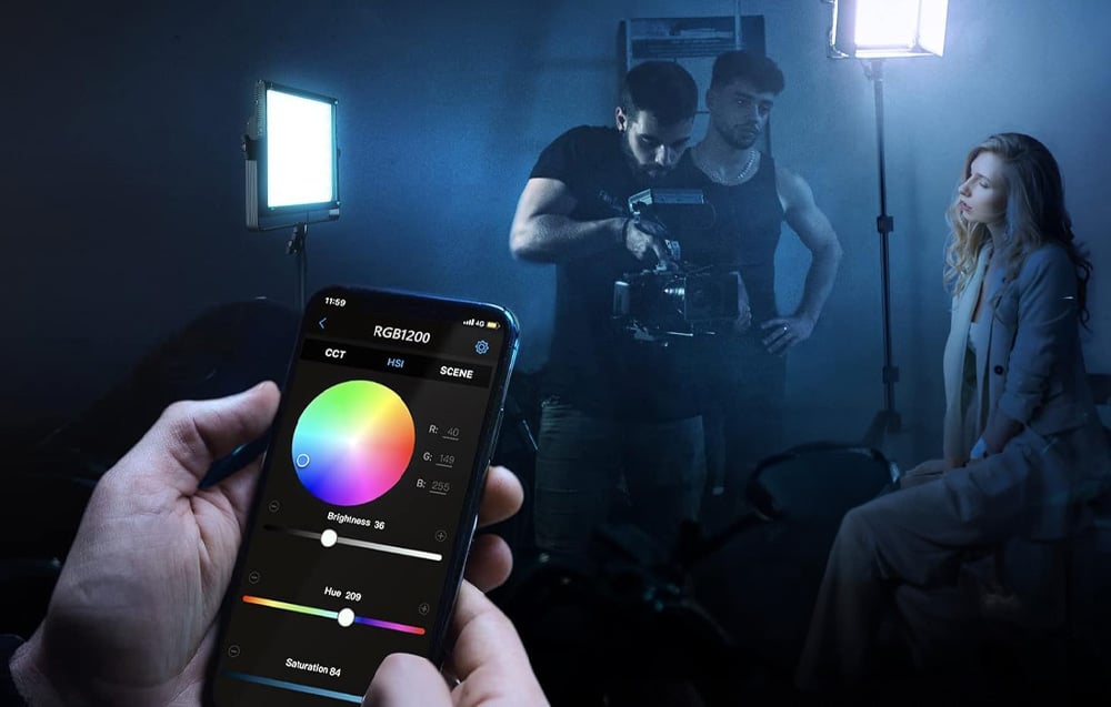 Neewer RGB1200 LED videólámpa 60W 2500-8500K + állványok + barndoors szett-5
