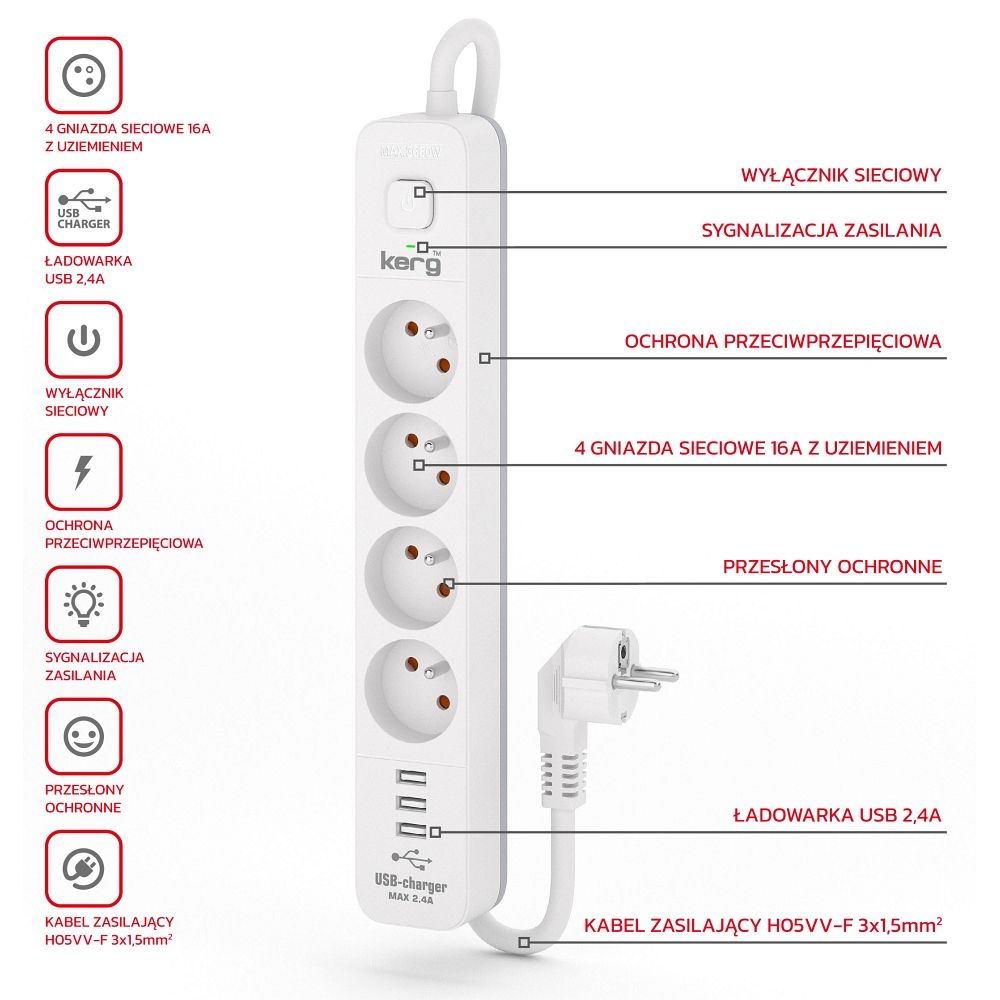 Hálózati elosztó 4 aljzat + 3 x USB A 3×1.5mm² H05VV-F 16A/250V~M02414 3 m fehér-1