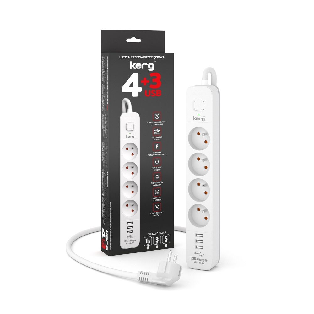 Hálózati elosztó 4 aljzat + 3 x USB A 3×1.5mm² H05VV-F 16A/250V~M02414 3 m fehér-2