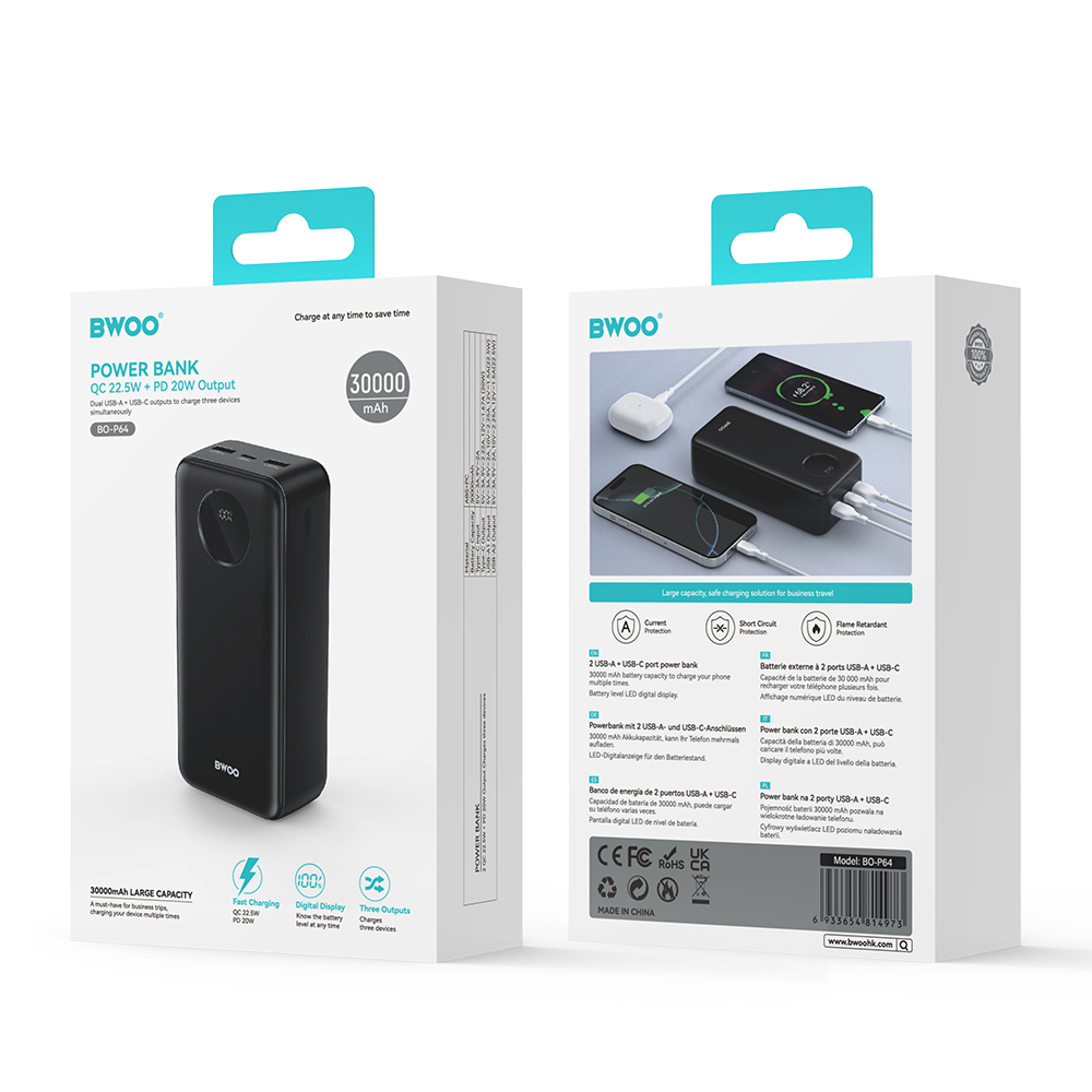 BWOO 22,5W 30000 mAh powerbank LCD kijelzővel, fekete-4