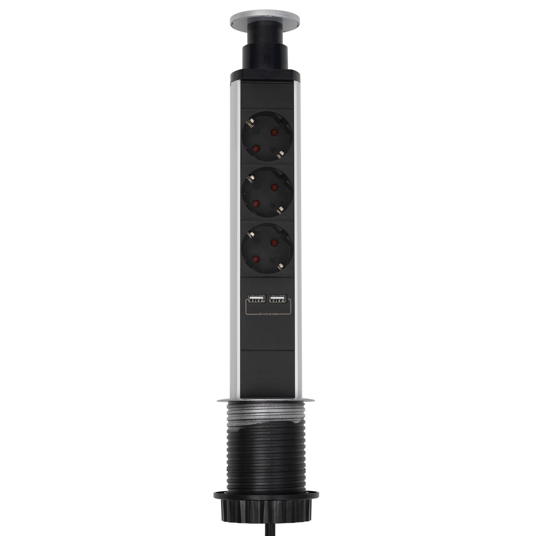 Home NVE 3/USB süllyesztett elosztó USB töltőaljzatokkal, 1,4 m, 3 földelt aljzat gyermekvédelemmel, asztalba, munkalapba építhető, süllyeszthető, max. 3680 W-0