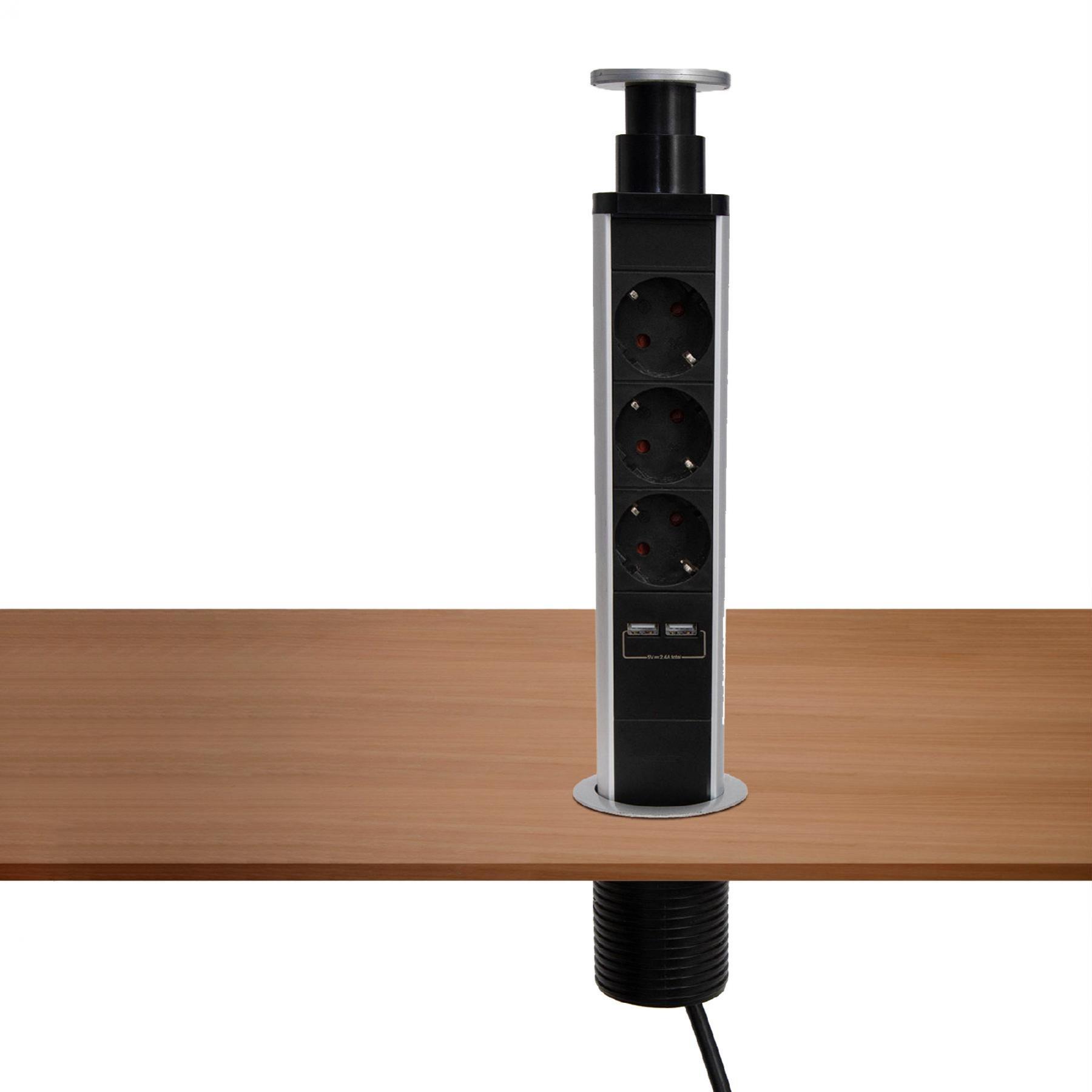 Home NVE 3/USB süllyesztett elosztó USB töltőaljzatokkal, 1,4 m, 3 földelt aljzat gyermekvédelemmel, asztalba, munkalapba építhető, süllyeszthető, max. 3680 W-1