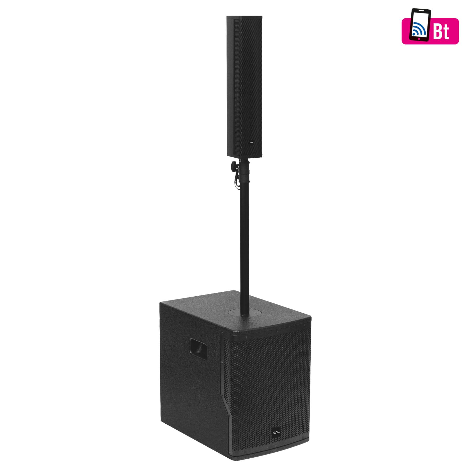 SAL PAS10W43S professzionális oszlopsugárzó hangrendszer, 25cm mélysugárzó, 4x3” szélessávú satellit hangszóró, aktív zenekari hangdoboz, Bluetooth, fém állvány-0