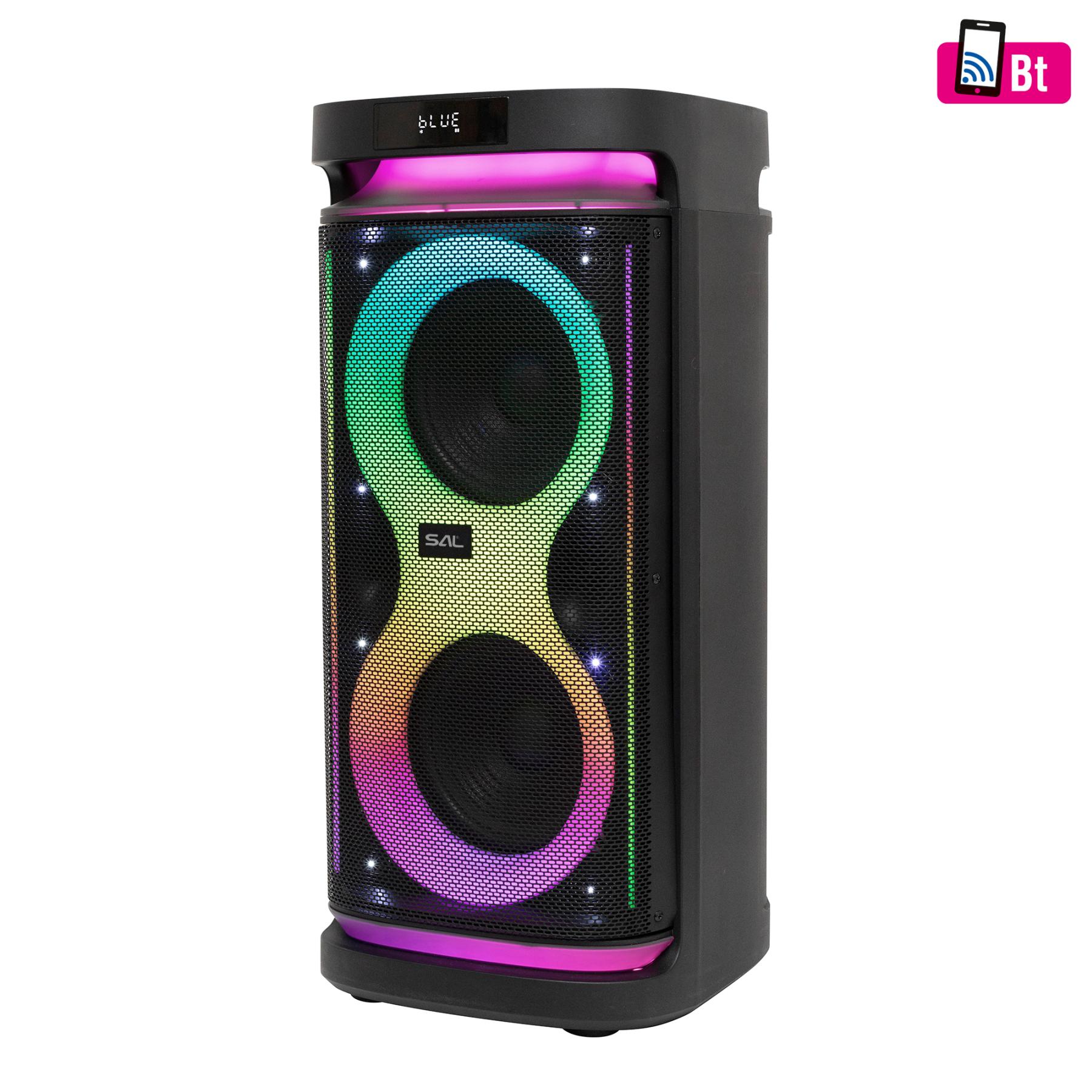 SAL PAR2400BT party hangdoboz, 160 Watt, beépített akkumulátorral és LED fénnyel, BT TWS kapcsolat, USB/microSD zenelejátszás, karaoke mód, LINE, gitár és mikrofon bemenetek, két darab bass-reflex mélysugárzó, 2-utas, 3 hangszóró-0