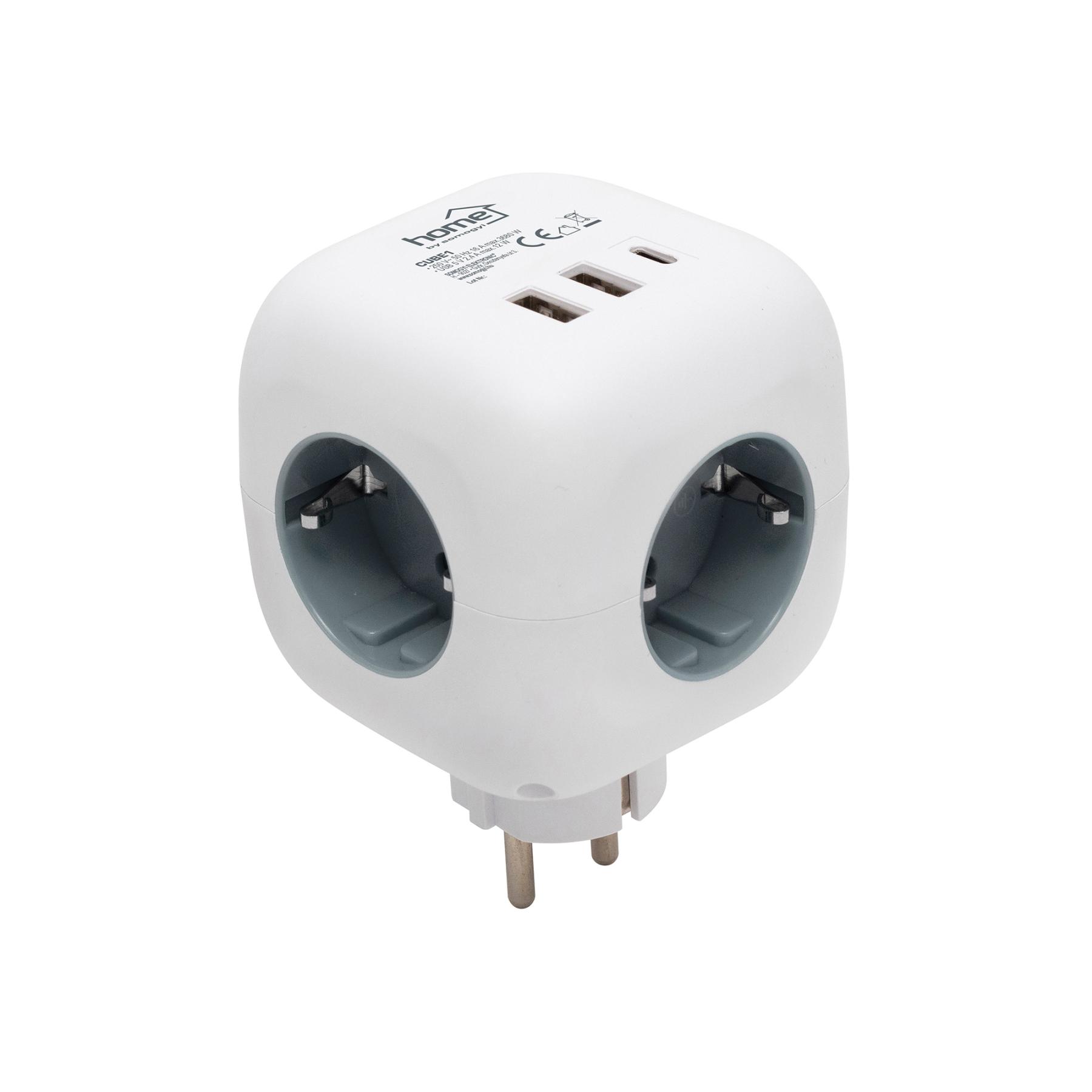 Home CUBE1 kocka elosztó USB töltővel, 3 aljzat gyermekvédelemmel, 1db USB C, 2db  USB A, max. 3680 W-0