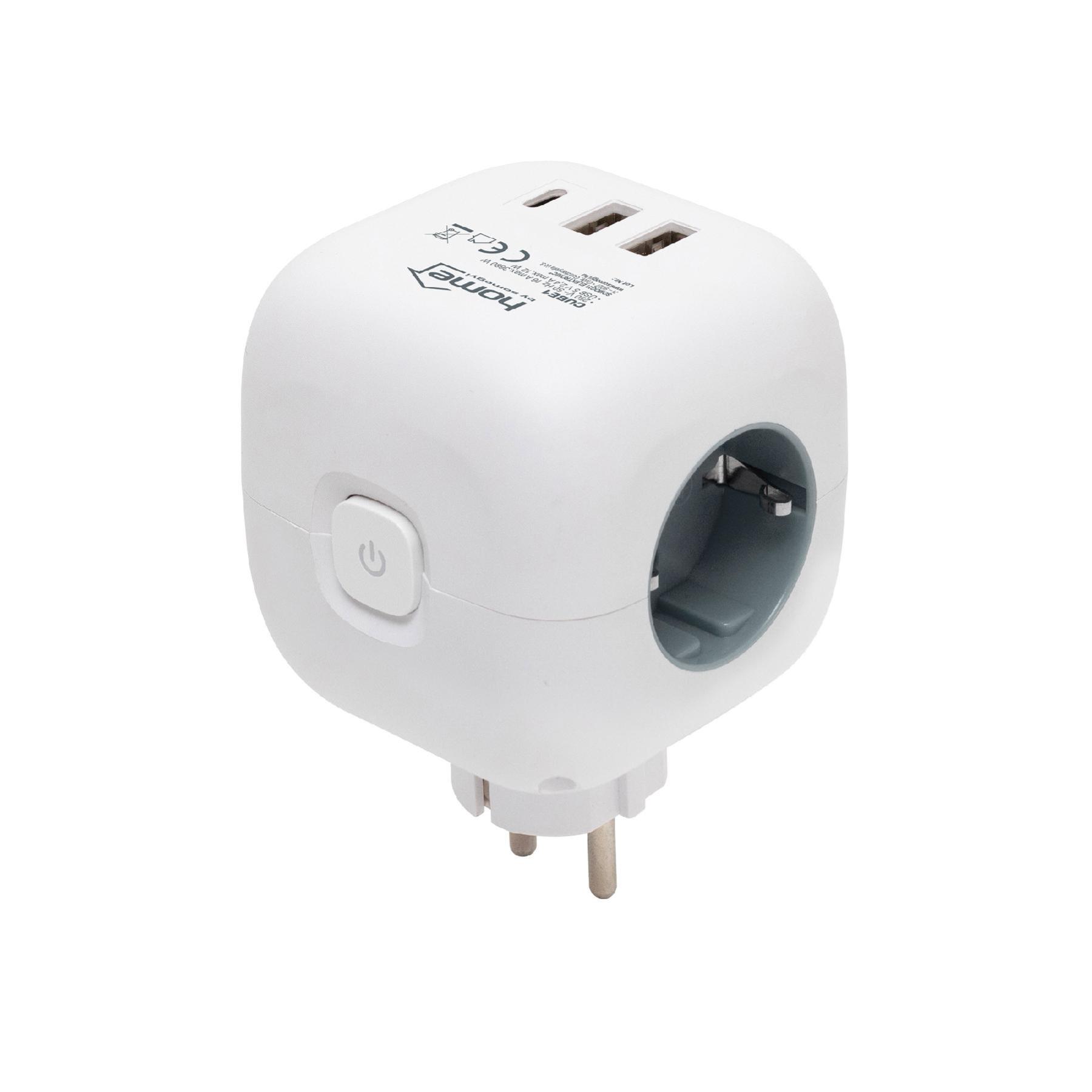 Home CUBE1 kocka elosztó USB töltővel, 3 aljzat gyermekvédelemmel, 1db USB C, 2db  USB A, max. 3680 W-1