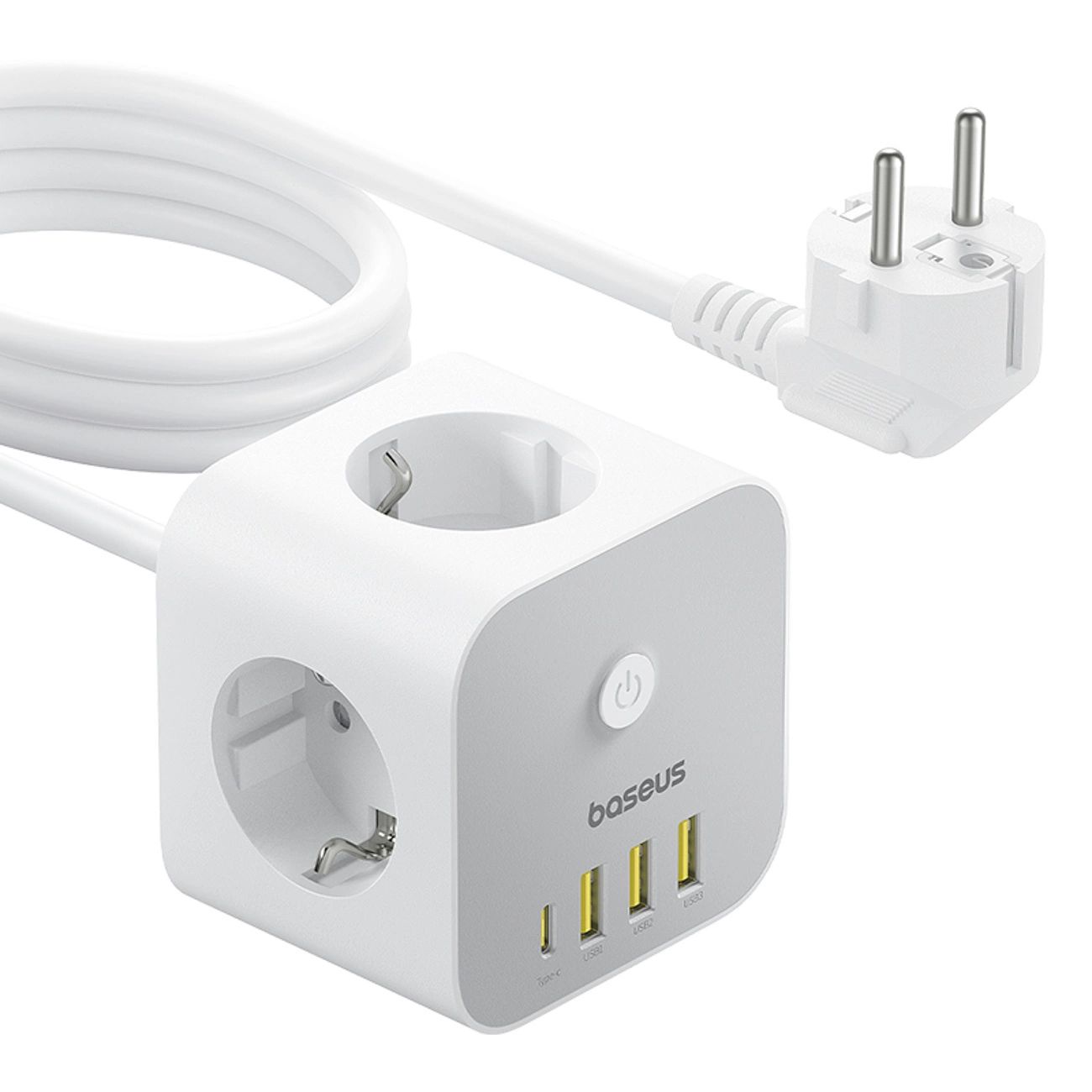 Baseus PowerCombo 7 az 1-ben hálózati elosztó kocka, 3 AC + 3 x USB-A + 1 x USB-C 20W 1,5 m - fehér-0