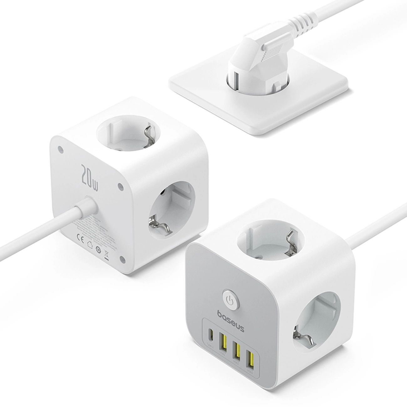 Baseus PowerCombo 7 az 1-ben hálózati elosztó kocka, 3 AC + 3 x USB-A + 1 x USB-C 20W 1,5 m - fehér-8