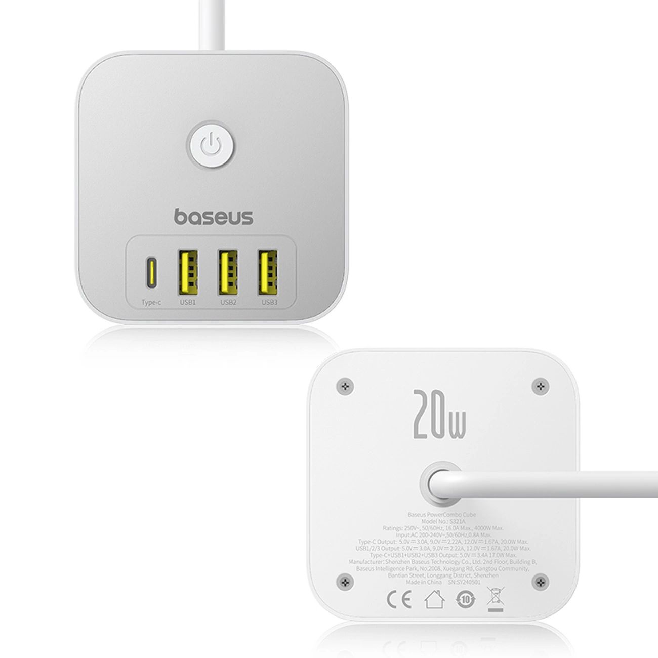 Baseus PowerCombo 7 az 1-ben hálózati elosztó kocka, 3 AC + 3 x USB-A + 1 x USB-C 20W 1,5 m - fehér-5