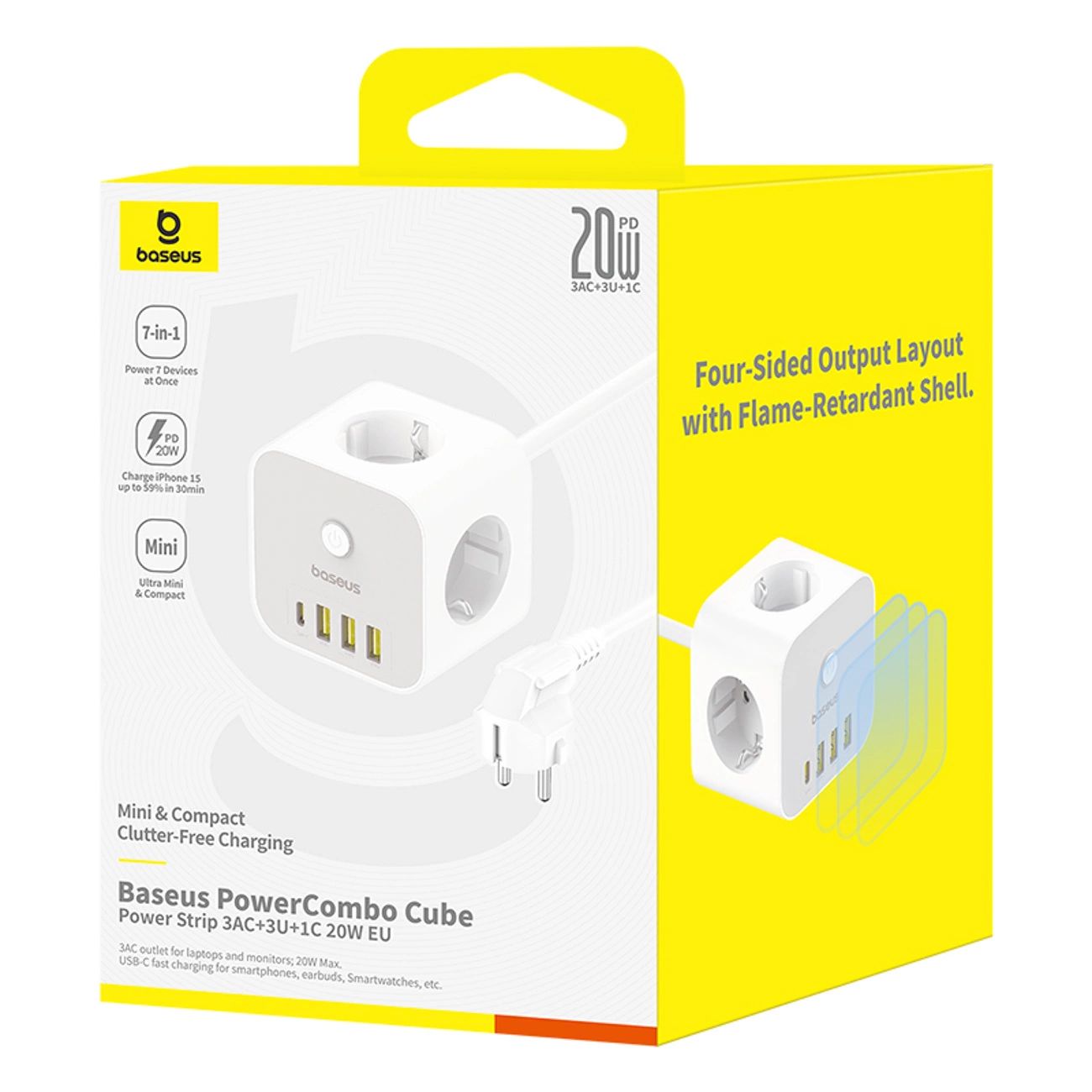 Baseus PowerCombo 7 az 1-ben hálózati elosztó kocka, 3 AC + 3 x USB-A + 1 x USB-C 20W 1,5 m - fehér-4