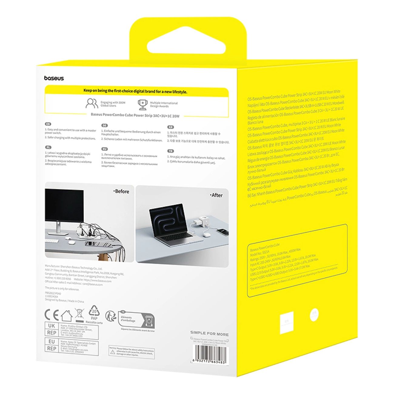 Baseus PowerCombo 7 az 1-ben hálózati elosztó kocka, 3 AC + 3 x USB-A + 1 x USB-C 20W 1,5 m - fehér-3