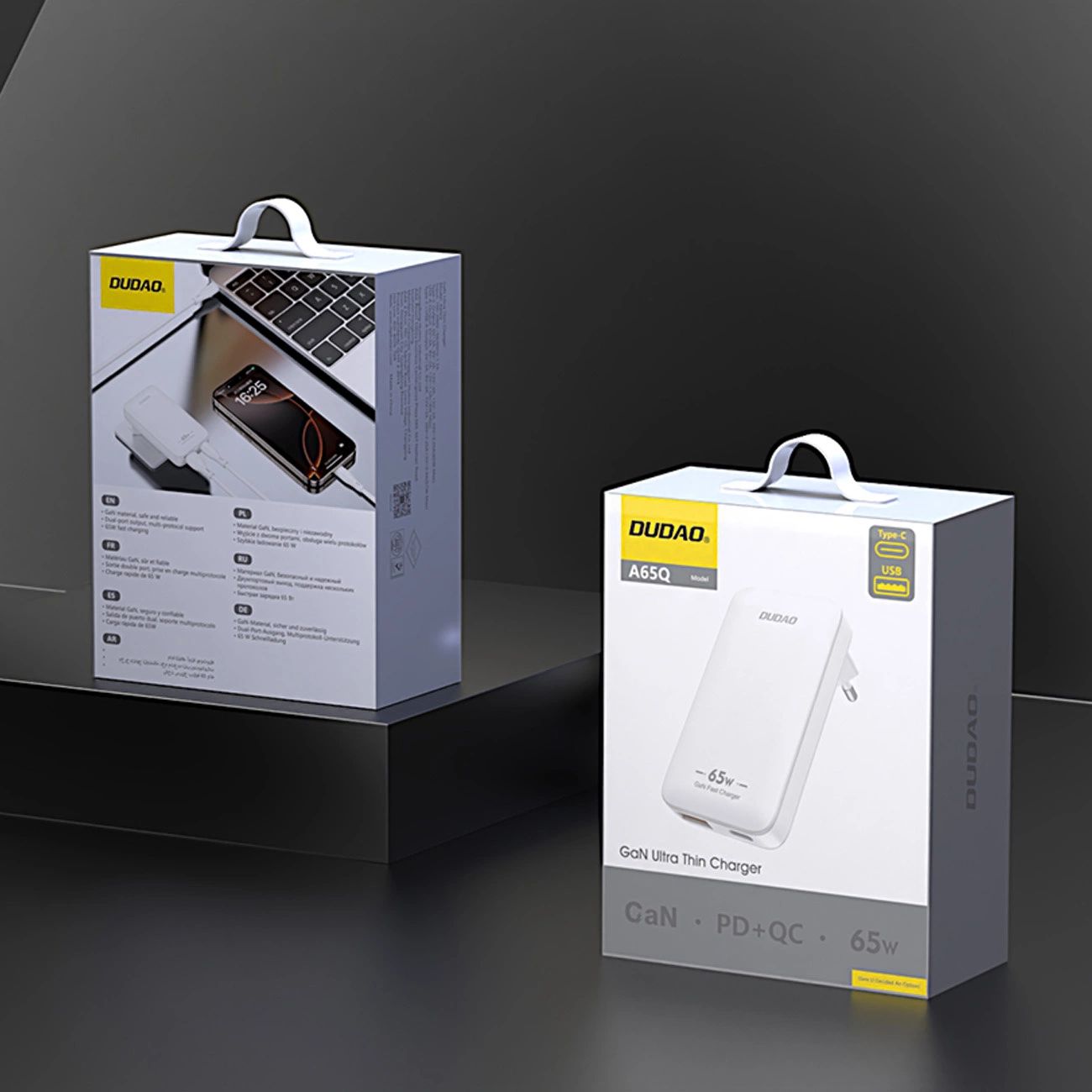 GaN Dudao A65Q 65W USB-A / USB-C PD Ultra-Vékony utazó Fali Töltő - Fehér (EU,US)-3