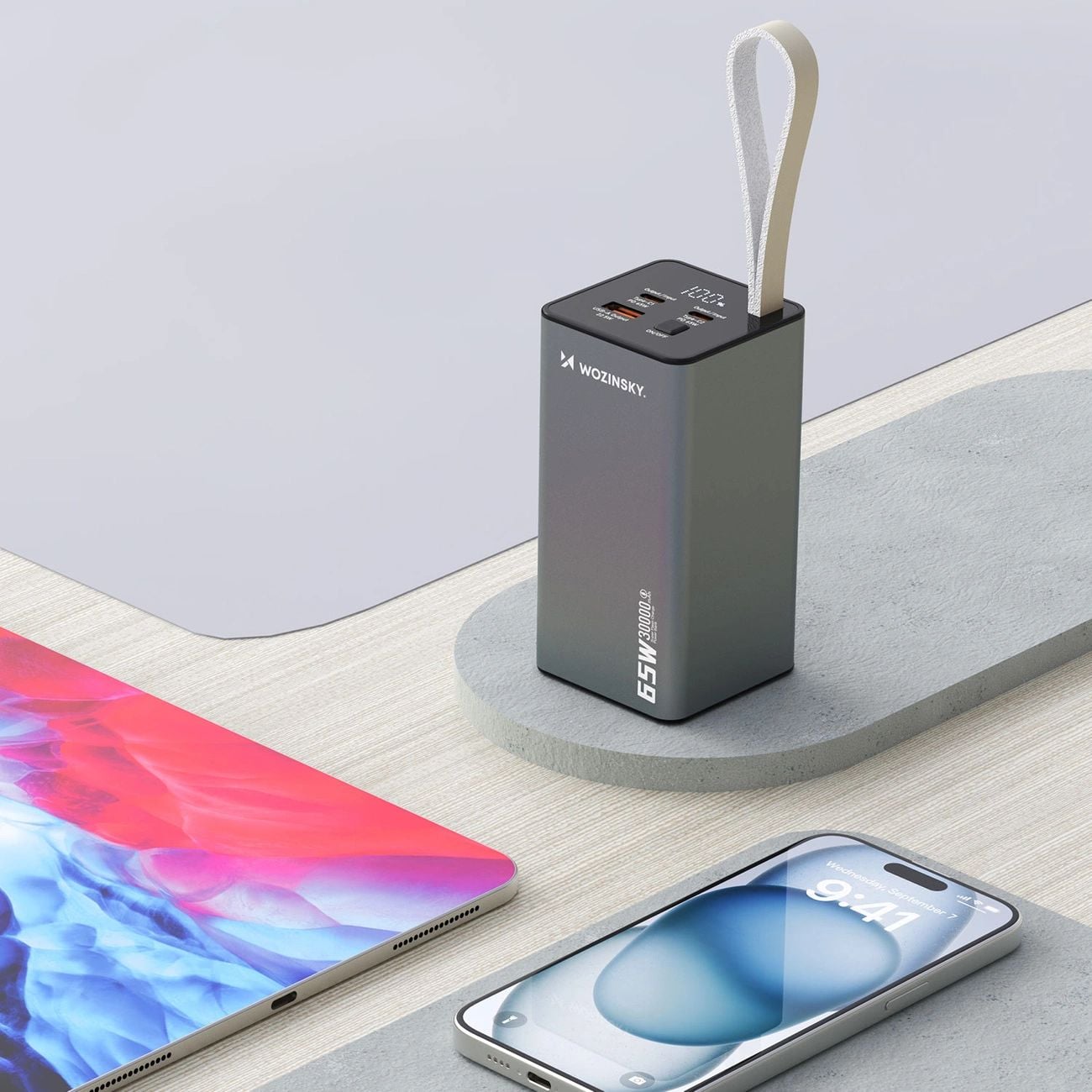 30000mAh Powerbank Wozinsky K65+ 65W 2x USB-C, 1x USB-A 65W- szürke-6