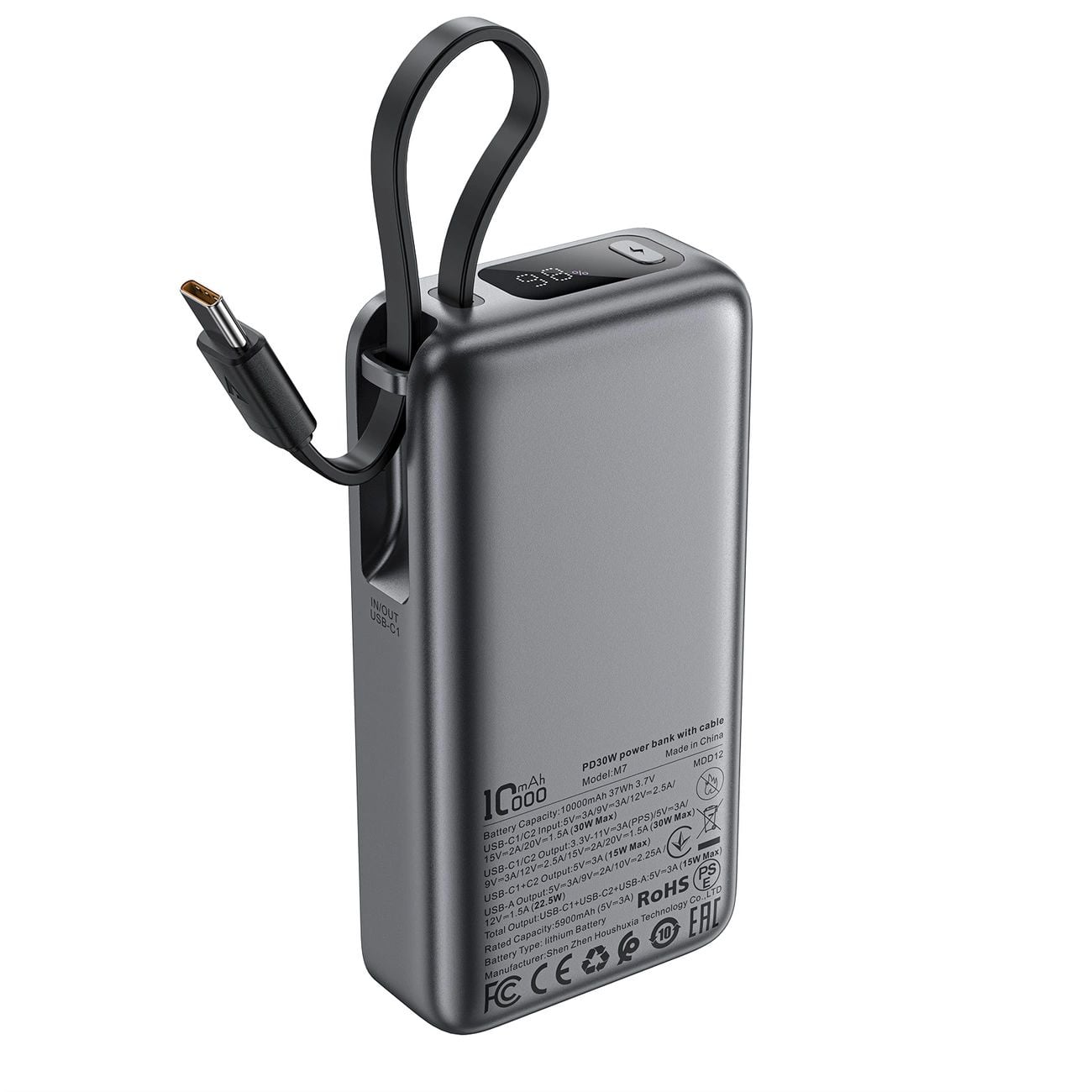 Acefast M7-10000 PD30W Powerbank beépített kábellel - Fekete-1