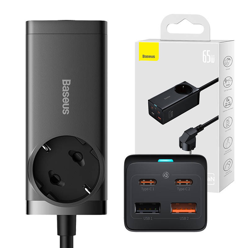 Baseus GaN3 Pro hálózati elosztó töltő 2xUSB + 2xUSB-C + AC, 65W (fekete)-0