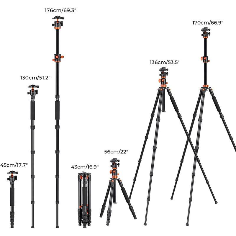 K&F Concept T255A4 dönthető középoszlopú állvány/monopod (aluminium) + BH-28L gömbfej-3