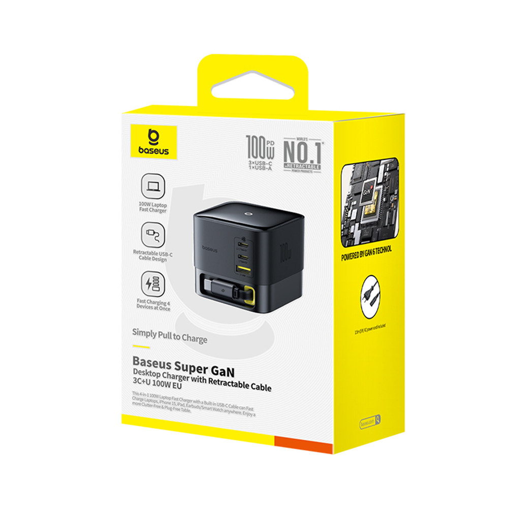  Baseus - Fali töltő Super GaN (P10164001123-00) - Visszahúzható kábel, Gyors töltés, 2xUSB, Type-C, 100W, 1,5m - Kozmikus fekete-12