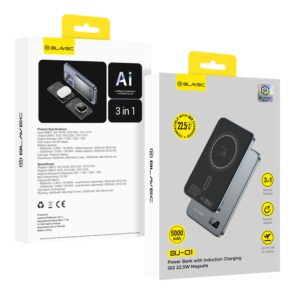 Blavec Hordozható Töltő 5000mAh BJ01 Ultra Vékony - Típus-C - 22,5W mágneses Magsafe 3 az 1-ben szürke-1