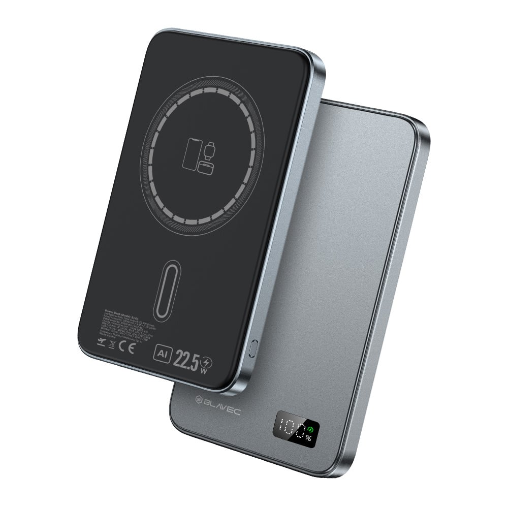 Blavec Hordozható Töltő 5000mAh BJ01 Ultra Vékony - Típus-C - 22,5W mágneses Magsafe 3 az 1-ben szürke-0