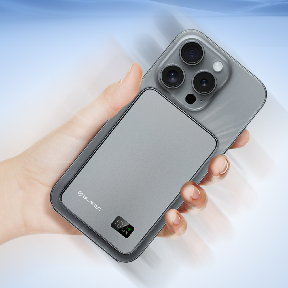 Blavec Hordozható Töltő 5000mAh BJ01 Ultra Vékony - Típus-C - 22,5W mágneses Magsafe 3 az 1-ben szürke-10