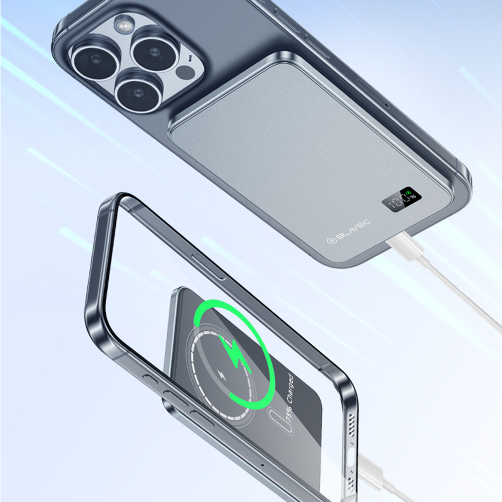 Blavec Hordozható Töltő 5000mAh BJ01 Ultra Vékony - Típus-C - 22,5W mágneses Magsafe 3 az 1-ben szürke-5