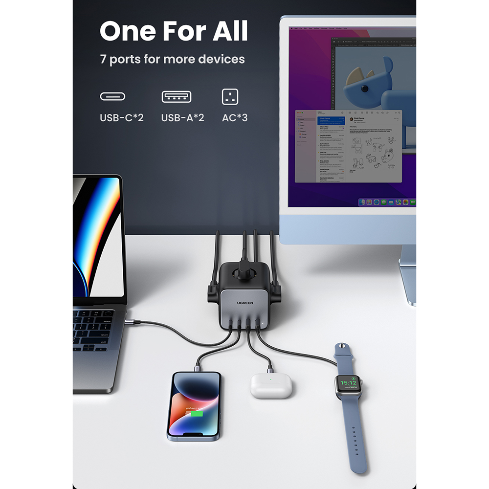 Ugreen - elosztó, fali töltő DigiNest Cube 7 az 1-ben CD268 (60113) - GaN, 2x USB-C, 2x USB, 3x AC, 2990W, 13A, PD65W - Fekete-6