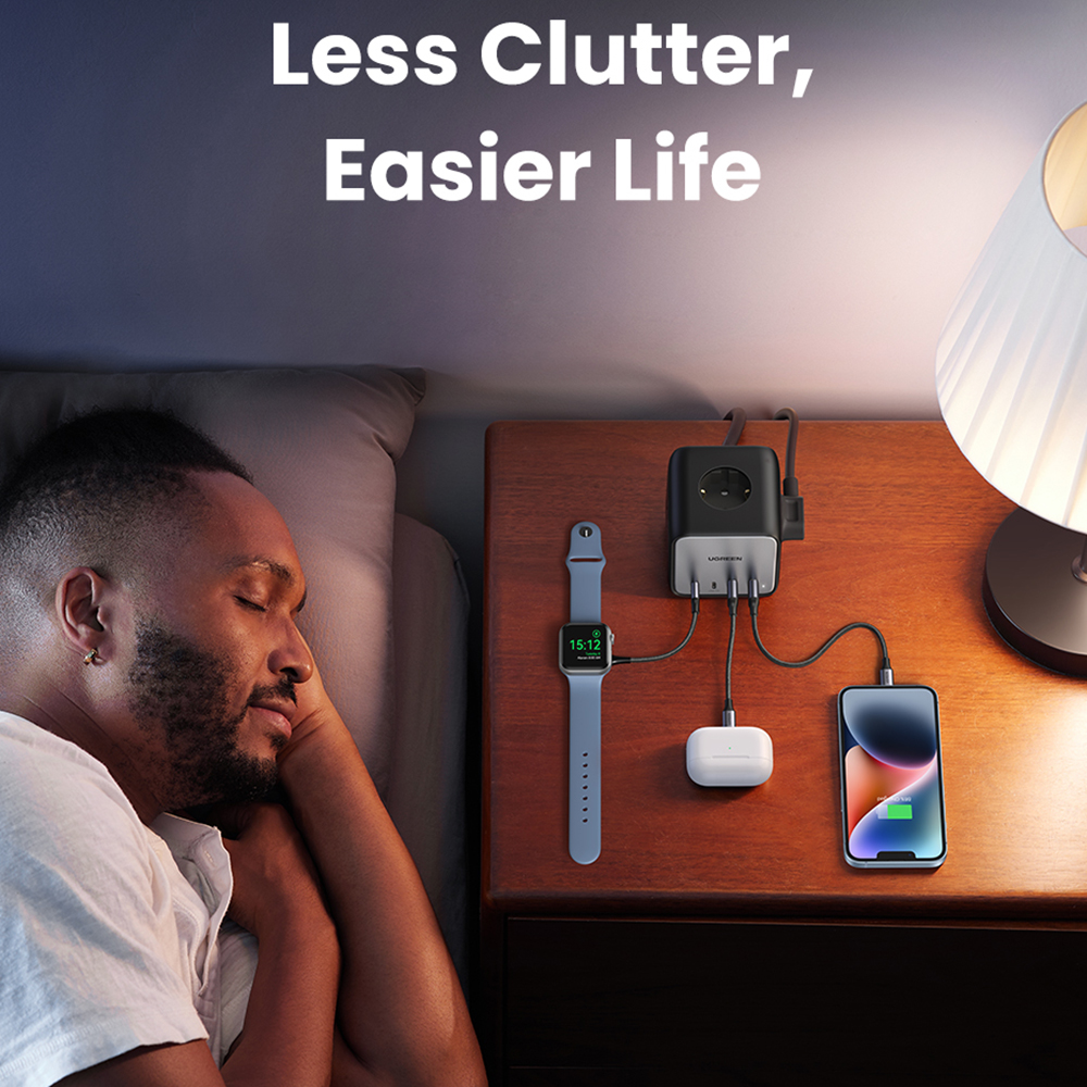 Ugreen - elosztó, fali töltő DigiNest Cube 7 az 1-ben CD268 (60113) - GaN, 2x USB-C, 2x USB, 3x AC, 2990W, 13A, PD65W - Fekete-5