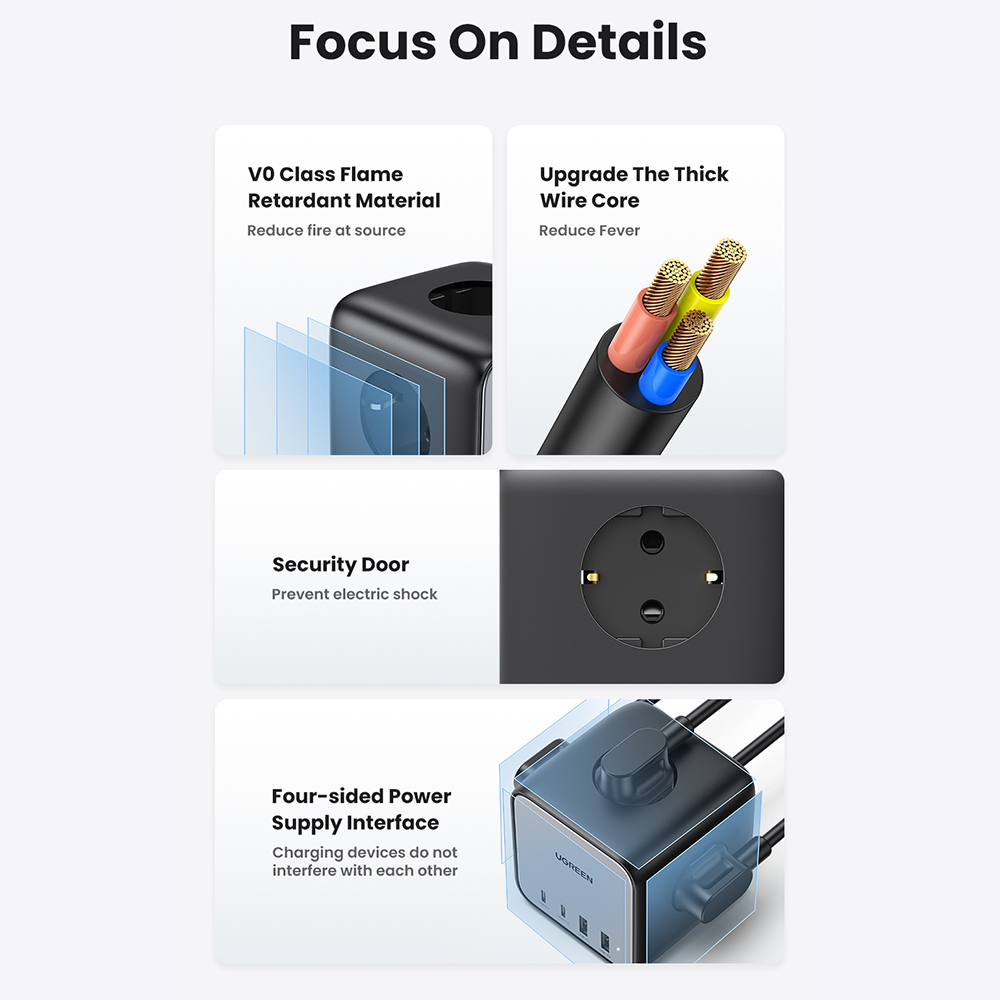 Ugreen - elosztó, fali töltő DigiNest Cube 7 az 1-ben CD268 (60113) - GaN, 2x USB-C, 2x USB, 3x AC, 2990W, 13A, PD65W - Fekete-3