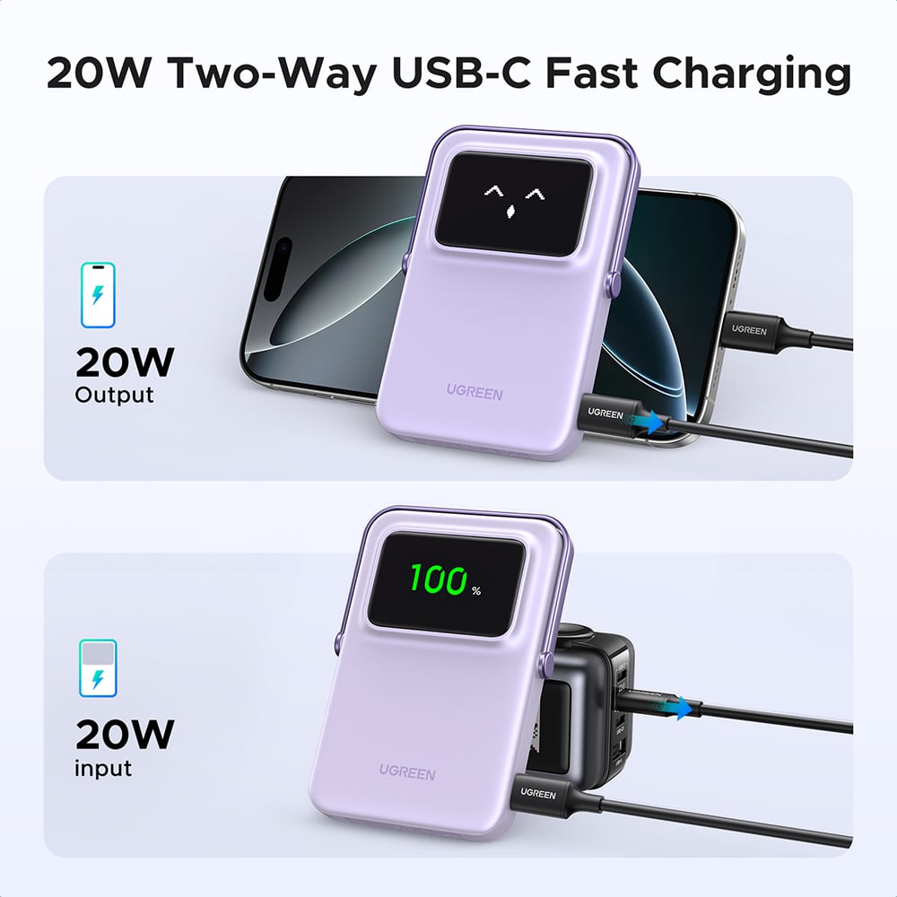 Ugreen - PB571 (35606) Power Bank - digitális kijelzővel, gyors töltés, mágneses, vezeték nélküli, 5000mAh, USB-C, 18W, 3A - Lila-2