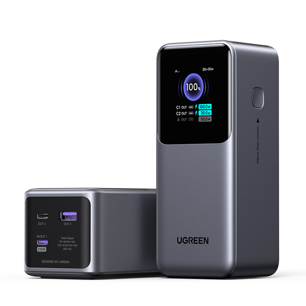 Ugreen - Power Bank PB721 (35524B) - digitális kijelzővel, gyorstöltés, 20000mAh, USB, 2x Type-C, 130W, QC, PD, 5V/3A - Szürke-0