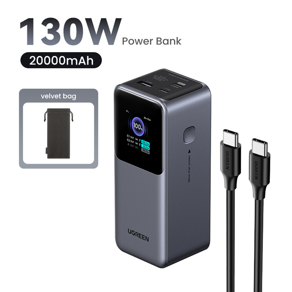 Ugreen - Power Bank PB721 (35524B) - digitális kijelzővel, gyorstöltés, 20000mAh, USB, 2x Type-C, 130W, QC, PD, 5V/3A - Szürke-16