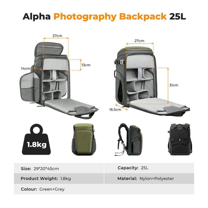K&F Concept 25L Nature Wander 01 hátizsák (Zöld)-2